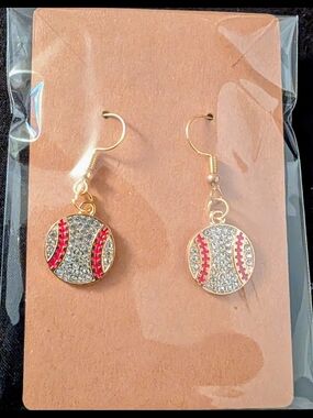 Hand Crafted Gold-Tone Rhinestone Baseball Dangle Earrings with Red Stitching